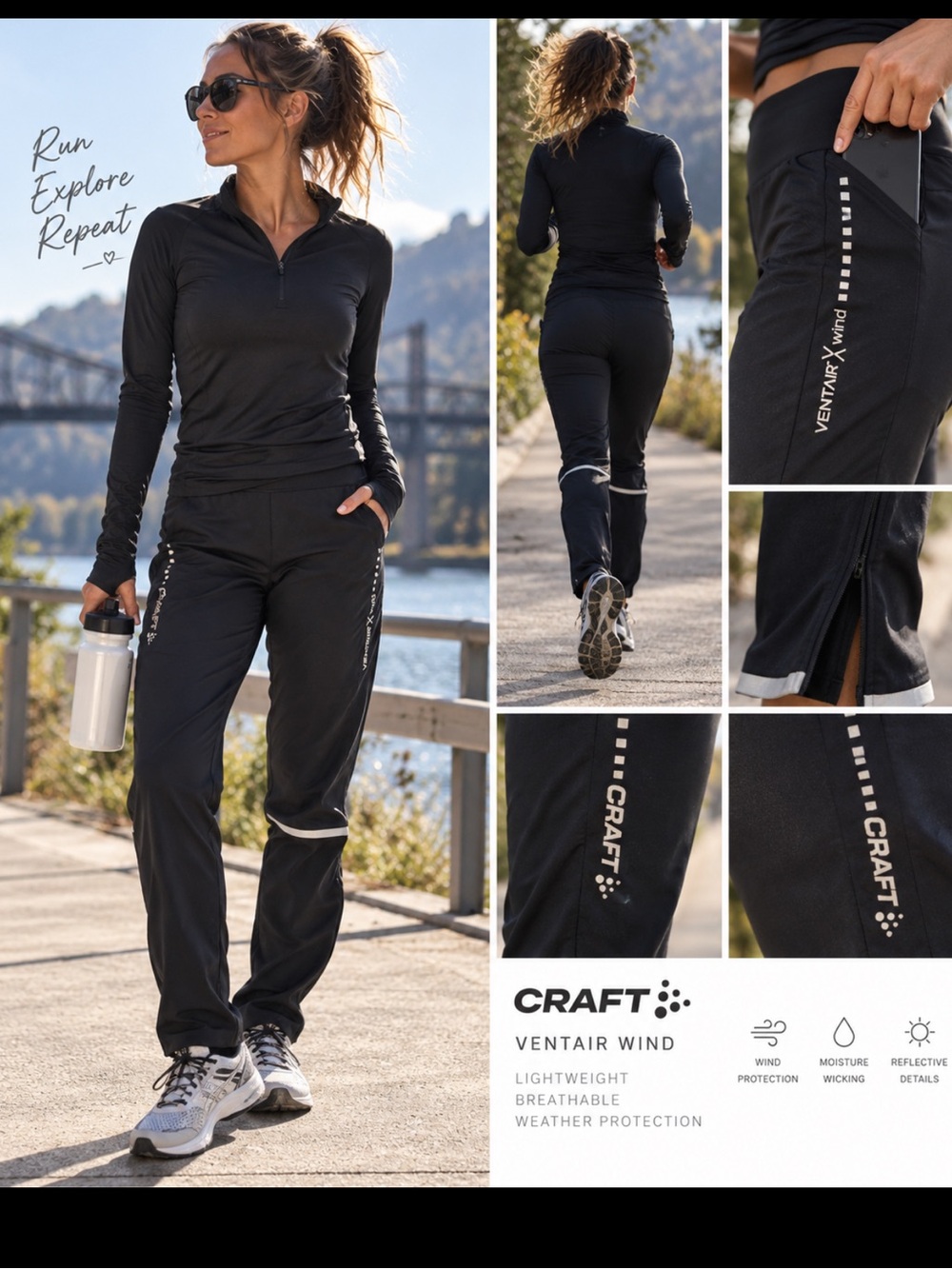 Craft Ventair Wind Running Tights Black Reflective Zip Ankle M